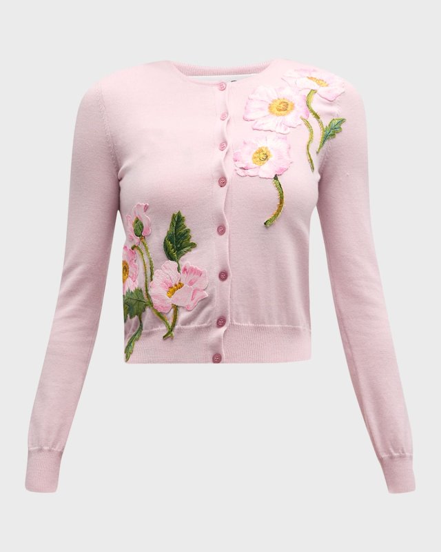 Painted Poppies Embroidered Crewneck Cardigan